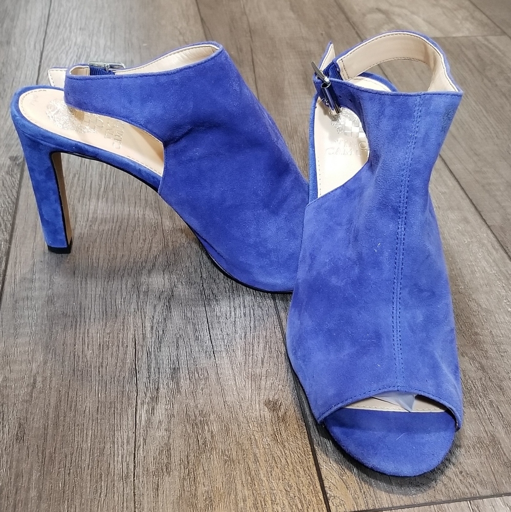 Vince Camuto Blue Suede Ankle Strap Peep Toe Heels
